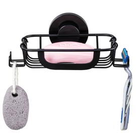 TAILI Soap Dish Soap Bar Holder Suction Cup with 4 Hooks, Soap Saver Tray for Shower, Bathroom, Rustproof Stainless Steel for Tub, Drill-Free, Black