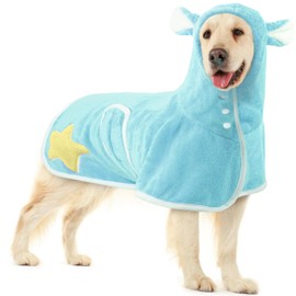 OUOBOB Dog Drying Coat with Hood, Super Absorbent Dog Towel Robe for Quick Dry After Bath, Soft Pet Bathrobe for Dogs, Magic Sticker & Belly Strap All-Season Dressing Gown Blue L