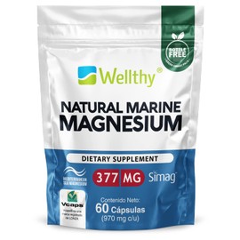 Wellthy Magnesio Marino Francés garantizado SIMAG 60 servicios por envase solo una cápsula al día. La más alta Biodisponibilidad y absorción. Cápsulas Veganas, Bottle Free, Mediterranean Magnesium.