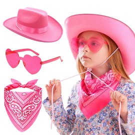 JeVenis Pink Cowgirl Hat Girls Cowboy Hat Kids Cowgirl Hat Heart Shape Sunglasses for Birthday Party
