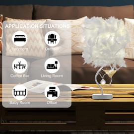 AIWMQYYF Feather Metal Table Lamp, Bedside Table Light White Lampshade, 3000K-4000K Fluffy Table Lamp Unique Cute UK Plug Modern Elegant Decoration for Living Room Bedroom Office