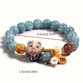 SIXAOAZZ Lucky Cat Bracelet for Women, Feng Shui Wealth Protection Bracelet with Blue Crystal & Ceramic Cat Charm, Adjustable Maneki Neko Good Luck Jewelry Gift (Blue)