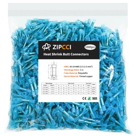 ZIPCCI 1000Pcs 16-14 AWG Blue Heat Shrink Butt Connectors, Marine Grade Insulated Splice Electrical Connectors, Waterproof Wire Connectors Terminals for Marine Crimp, Boat, Cable, Automotive