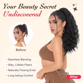 Sidaila Ponytail Extension, 18 Inch Drawstring Ponytail Curly Fake Ponytail Extension Wavy Pony Tails Hair Extensions Clip on Ponytails Synthetic Hairpiece Pony Tail Extensions for Women - Black