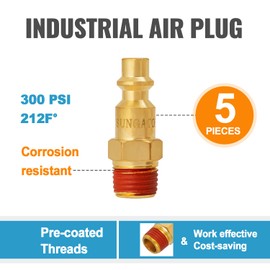 SUNGATOR 1/4 Inch Male Air Plugs, 5-Pack Brass NPT Industrial Air Hose Fittings with 1/4'' Flow Hole, Quick Connect Gas Line Fittings with Pre-Coated Sealant, M-Style Plugs Kit