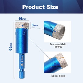 BRSCHNITT 16mm Diamond Hole Saw Drill Bit - 2pcs/Pack, Hex Shank Dry Drilling Diamond Core Drill Bit Set for Porcelain, Ceramic, Stone, Granite, Marble