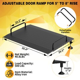 5~8" Adjustable Door Threshold Ramp with Detachable Handles, Wheelchair Ramp for Stairs/Scooters/Walkers/Home Steps(29.5" L*39.4" W, Max 500LBS Loading)
