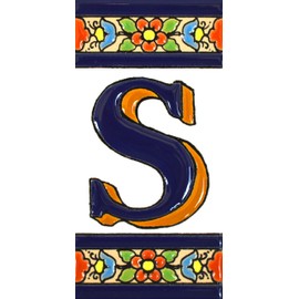 Handpainted polichrome ceramic tiles. letters and numbers handpainted using dry rope technique perfect to create signs,addresses and names. Design FLORES MEDIANO 4,29"X2,13" (LETTER S)