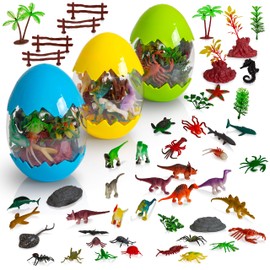 Next Milestones Easter Egg Toys for Toddlers 3 Pack with 12 Assorted Realistic Insect, Ocean Life and Dinosaur Toy Figures Each, Learning Kids Toy Set with Trees and Rocks for Boys and Girls