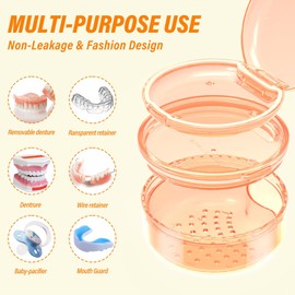 Denture Case, Denture Bath Box with Strainer Basket, 2 in 1 Retainer Case, No-Leak Denture Bath Box Cup, Complete Clean Care for Dentures, Clear Braces, Mouth Guard, Night Guard & Retainers-2pack