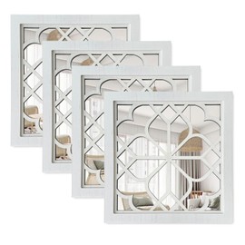 ZEXUIRU Set of 4 Wooden Rustic Square Wall Mirror Vintage Style Decorative Entry Mirror Farmhouse Wall Decoration for Living Room Bedroom Bathroom Kitchen 11.8 * 11.8inch White…