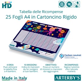 Arterby's® – Belohnungstabelle – 25 Blatt A4 aus Hartkarton Eco und 280 Aufkleber Sterne 4 Farben – Aktivitätsdiagramm motivieren Psychomotorik Kinder (Italienisch, Superhelden – COL001)