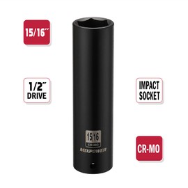 MIXPOWER 1/2" Dr. x 15/16 Inch Extra Long Deep Impact Socket, 6 Point, Cr-Mo Alloy Steel, 5 Inch Length, 15/16"