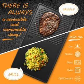 Hisencn Pre-Seasoned Cast Iron Reversible Griddle for Charbroil 463420508 463420509, 16 7/8" Grill Griddle Plate for 463420511 463436213 463436214 463461613 463436215