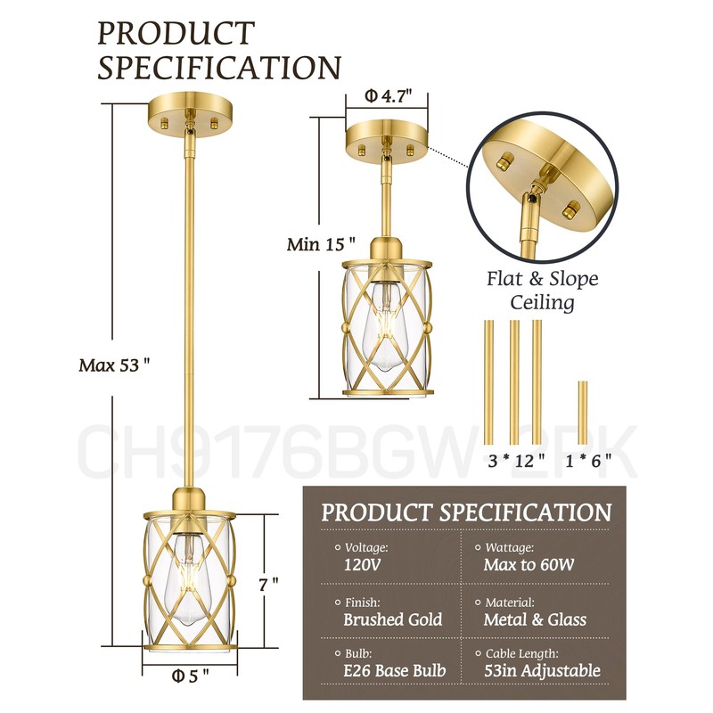Osimir Brushed Gold Pendant Lights Kitchen Island, 2 Pack Brass