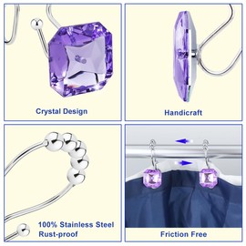 Yapicoco Shower Curtain Hooks Rings for Bathroom, 12PCS Double Hooks Glide Anti Rust Crystal Rhinestones Shower Curtain Rings Hangers for Shower Curtains, Clothing, Towels, etc. (Clear) (Purple)