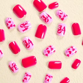 Valentine's Day Press on Nails Short Square Fake Nails with Heart Designs Pink Red Full Cover Acrylic False Nails Press ons Cute Glue on Nails Valentines Stick on Nails for Women 24 Pcs