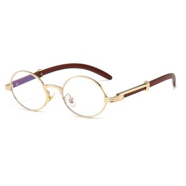 YAMEIZE Wooden Sunglasses for Men and Women Round Small Oval Retro Vintage Metal Frame Wooden Sunglasses UV400, Gold/Clear