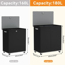 Chrislley 180L Double Laundry Hamper with Wheels,Large Laundry Basket with Lid,Rolling Dirty Clothes Hamper 2 section with Removable Liner Bags, Collapsible Laundry Organizer for Bedroom, Dorm,Black