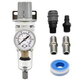 YSIL 1/4” NPT Compressed Air Filter Regulator Combo Piggyback,5 Micron Brass Element Semi-Auto Drain Water Oil Separator with 0-150 PSI Pressure Gauge,Metal Bracket AW2000-02