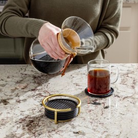 Spectrum Absorbent Coasters with Holder Set of 6 Gold Modern Table Drink Coasters for Table Protection, Absorbent Silicone Coasters Set Wire Coaster Organizer for Elegant Home Decor Organization