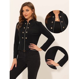 Allegra K Vintage Jacket for Women's Steampunk Button Decor Casual Zip Up Crop Jacket Medium Black