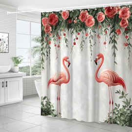 Pink Flamingo Shower Curtain Watercolor Green Eucalyptus Leaf Rose Floral Tropical Birds Couple Spring Garden Watercolor Animal Flower Landscape Polyester Bathroom Decor Fabric Curtain with Hooks