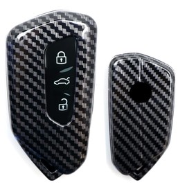 iJDMTOY Gloss Black Carbon Fiber Pattern Exact Fit Key Fob Cover w/Chrome Edging Trim Compatible with Volkswagen MK8 Golf/GTI, Skoda Octavia 3/4/5-Button Smart Key