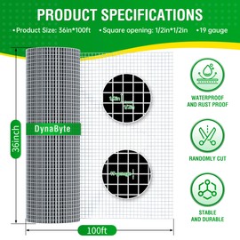 Dynabyte Hardware Cloth 1/2 inch 36 x 100 ft 19 Gauge Galvanized Welding WeldedChicken Wire Mesh Roll, Chicken Coops, Rabbit Hutches, Tree Guard, Garden Wire Fencing