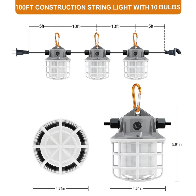NS 100ft LED Construction String Lights, 150W 15000lm LED String