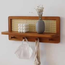 FRIADE PE Rattan Coat Rack Shelf Wall Mounted with 4 Hooks, Decorative Coat Hook Rack with Floating Shelf for Entryway, Nursery, Mudroom, Hallway, Kitchen, Office (Retro Brown)