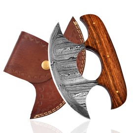 Damascus Alaskan Ulu Knife with Sheath | Handmade 6" Alaska Knives Pizza Cutter Rocker Knife | Mezzaluna Knife with sheath | Damascus Knives for Skinning