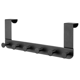 Matte Black Over the Door Bath Towel Rack with 6 Coat Pegs Heavy Duty Closet Door Hanger Towel Holder Behind Door Metal Hooks for Hanging Clothes Robe Back of Door Multi-Use Organizer Bag Rack