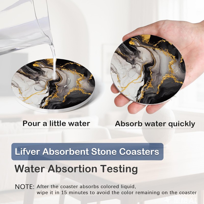 Black Gold Marble 6Pack Ceramic Drink Coasters,Quick-Absorb Stone Coasters with