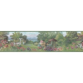 CONCORD WALLCOVERINGS ™ Wallpaper Border Place Pattern Lake Shore Cottage Garden Scenery for Cottage Farmhouse, Green Brown Pink Blue Yellow, 6 Inches by 15 Feet SA105583B