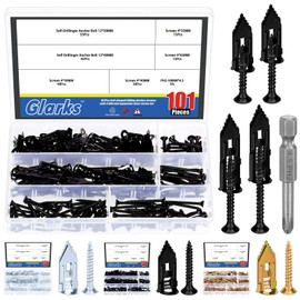 Glarks 201pcs Drywall Self-Drilling Anchors with Screws Set, 100pcs Carbon Steel Hollow Wall Anchor Tapping Screw with 100pcs Screws and 1pcs PH2 Bit Kit for No Drill or Holes in Wall