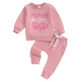 XIXIMAON Toddler Baby Girls Jogger Suit Set Mama 's Bestie Letter Print Long Sleeve Jumper Top Sweatpants Infant Valentine's Clothes