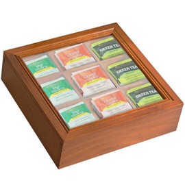 UgyDuky Wood Tea Bag Organizer Wooden Tea Box with 9 Compartments and Clear Acrylic Top Window Tea Bag Holder Multi-Functional Tea Box and Storage Organizer Natural Wooden Storage Chest for Tea Lovers