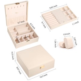 Voova Jewelry Box Organizer for Women, 2 Layer Large Watch Holder Organizer for Teen Girl, PU Leather Jewelry Display Holder with Removable Tray for Watches Sunglasses Rings Earrings Necklace, Apricot