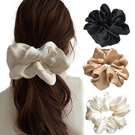 Chou Chou Chiffon Chou Stylish Adult Hair Rope Hair Elastic Hair Ornament Simple Hair Accessory Adult Hair Accessory Satin Elegant Large Extra Large Solid Color Set of 3 Colors (champagne, black,