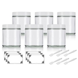 4 oz / 120 ml Clear Thick Glass Straight Sided Empty Jar Containers with White Smooth Lids (6 Pack )