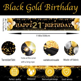 Happy 21st Birthday Banner,21st Birthday Decoration Black Gold,Party Backdrop Banner Fabric Banner for Girl Boy 21st Birthday Photo Backdrop,Photography Background,Outdoor Yard Garden Table Wall Decor