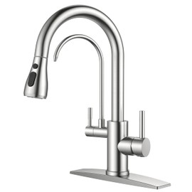 FORIOUS Kitchen Fuacets with Water Filter, 2 in 1 Stainless Steel Pull Down Sink Faucet and Purfied Water Faucet High Arc Single Handle with Detachable Deck for 1 or 3 Hole, Brushed Nickel