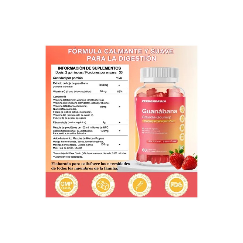 Guanabana Extracto Orgánico Con Vitamina C Gomitas Veganas Fresa