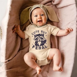 MODNTOGA Infant Girl Boy Bodysuit Cute But Feral Raccoon Graphic Onesie Newborn Baby Animal Print Short Sleeve Romper Tops (Beige, 6-12 Months)