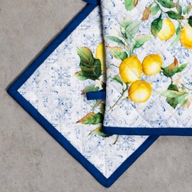 Maison d' Hermine Oven Mitt + Pot Holder 100% Cotton Heat Resistant Kitchen Oven Gloves (7.5"x13") & Hot Pads (8"x8"), Chef, Women & Men, Wedding use, Citrus - Spring/Summer