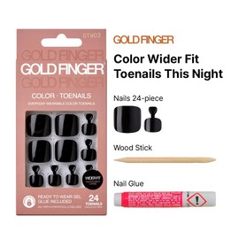GoldFinger Press On Toenails Kit Wider Fit, Bold Glossy Black Color Toenail, Ready to Wear Gel & Manicure Stick, 2g Glue included, Long-Lasting Convenient & Easy to Apply