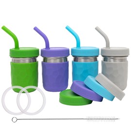 WeeSprout 2-in-1 Drinking Cups for Kids, Durable Stainless Steel Tumbler for Smoothies, Silicone Straws with Stoppers, Premium Plastic Twist Lids, Easy-Grip Sleeves, Set of 4 Dishwasher Safe Kid Cups