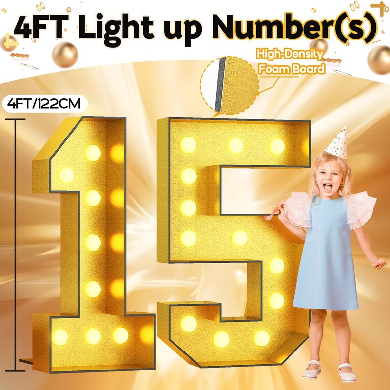 Number 15 Marquee, 4FT Light Up Numbers Gold Large Light