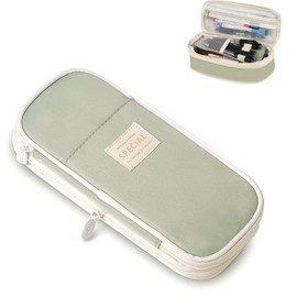 Large Capacity Pencil Case - Aesthetic Pencil Cases for Kids Adult, Pencil Pouch Box with Zipper Compartments, Canvas Pen Pencil Organizer for Stationery Supplies School Office Art Green